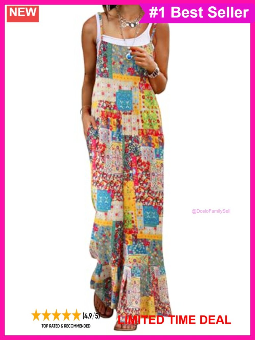 Boho Floral Print Wide Leg Overalls Jumpsuit with Pockets